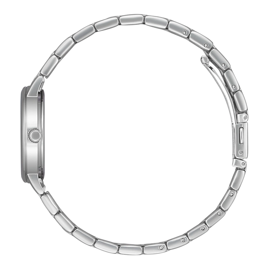 Silver watch with a metal strap, side view, isolated on white background.