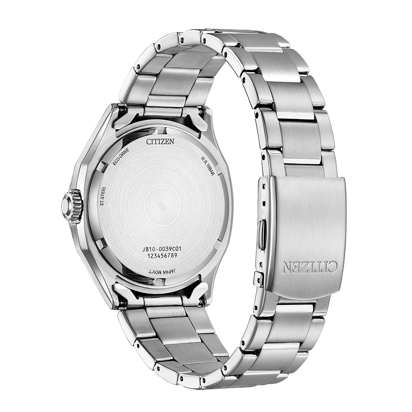 Citizen watch back, stainless steel, Eco-Drive, W.R.10BAR, Japan Movt, J810-0039C01