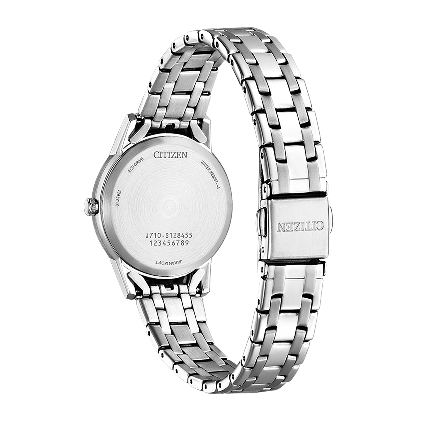 Citizen watch back, stainless steel, Eco-Drive, water resistant, Japan movement