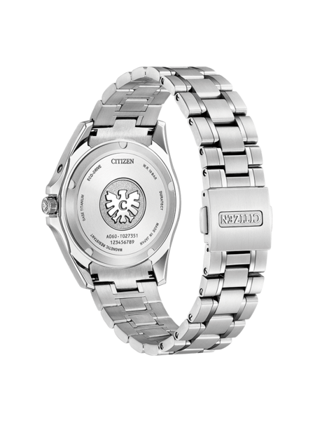 Citizen-Uhrenrückseite, Titan, Eco-Drive, magnetisch resistent, wasserdicht, hergestellt in Japan.