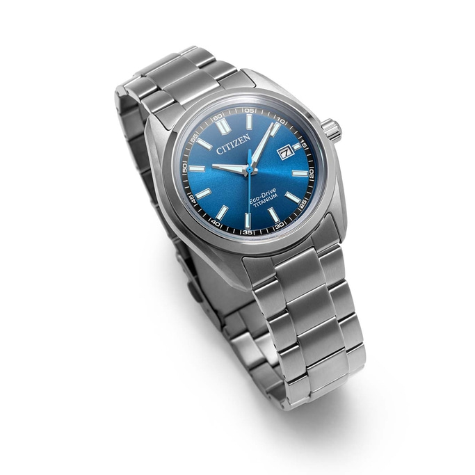 A stainless steel Citizen Eco-Drive watch with a blue dial.