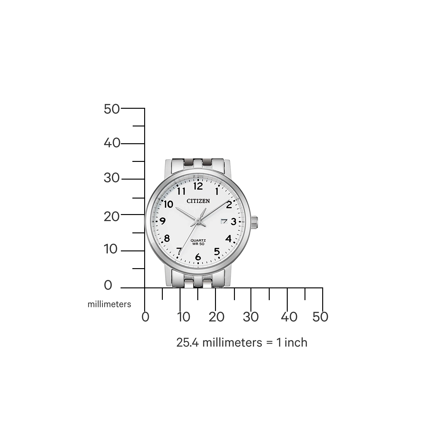 Citizen watch with white face, silver band, and millimeter scale for size comparison.