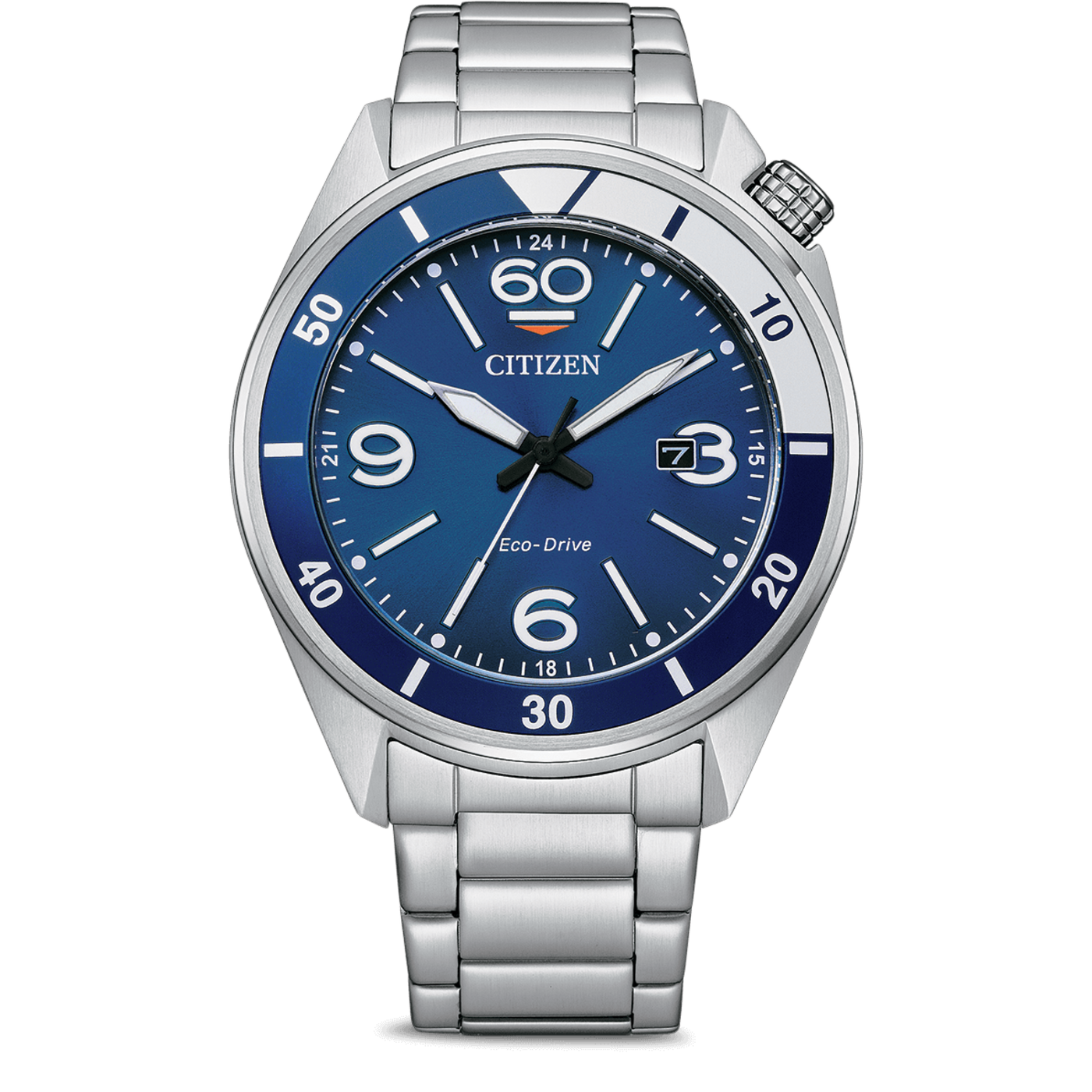 Citizen watch with blue dial, silver band, and date display. Eco-Drive technology.