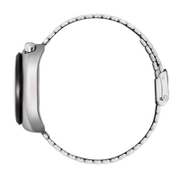 Side view of a silver watch with a metal band.