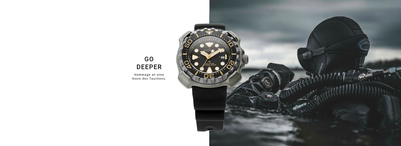 Citizen watch with diver in water. Go deeper. Hommage an eine Ikone des Tauchens.