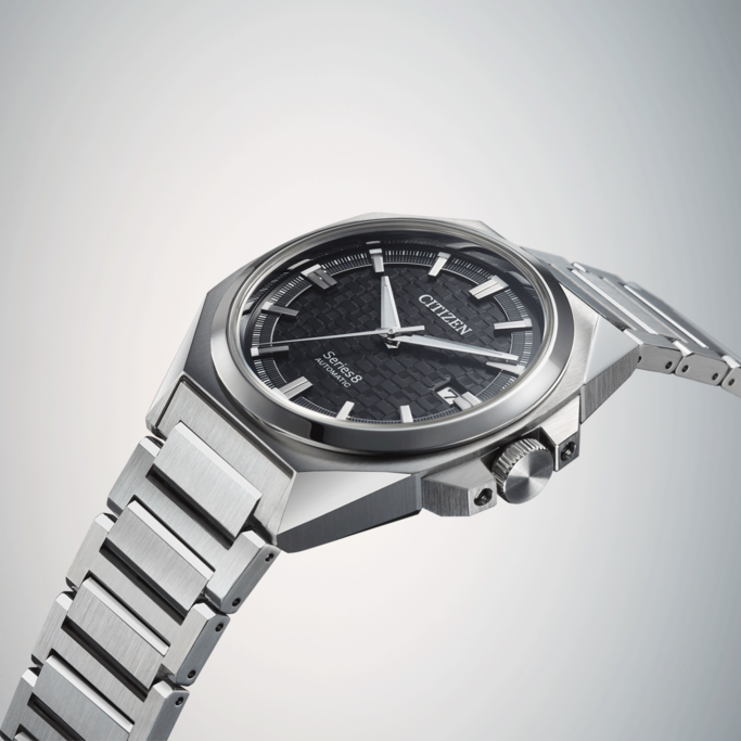 Citizen Series 8 automatic watch with a black dial and steel bracelet.