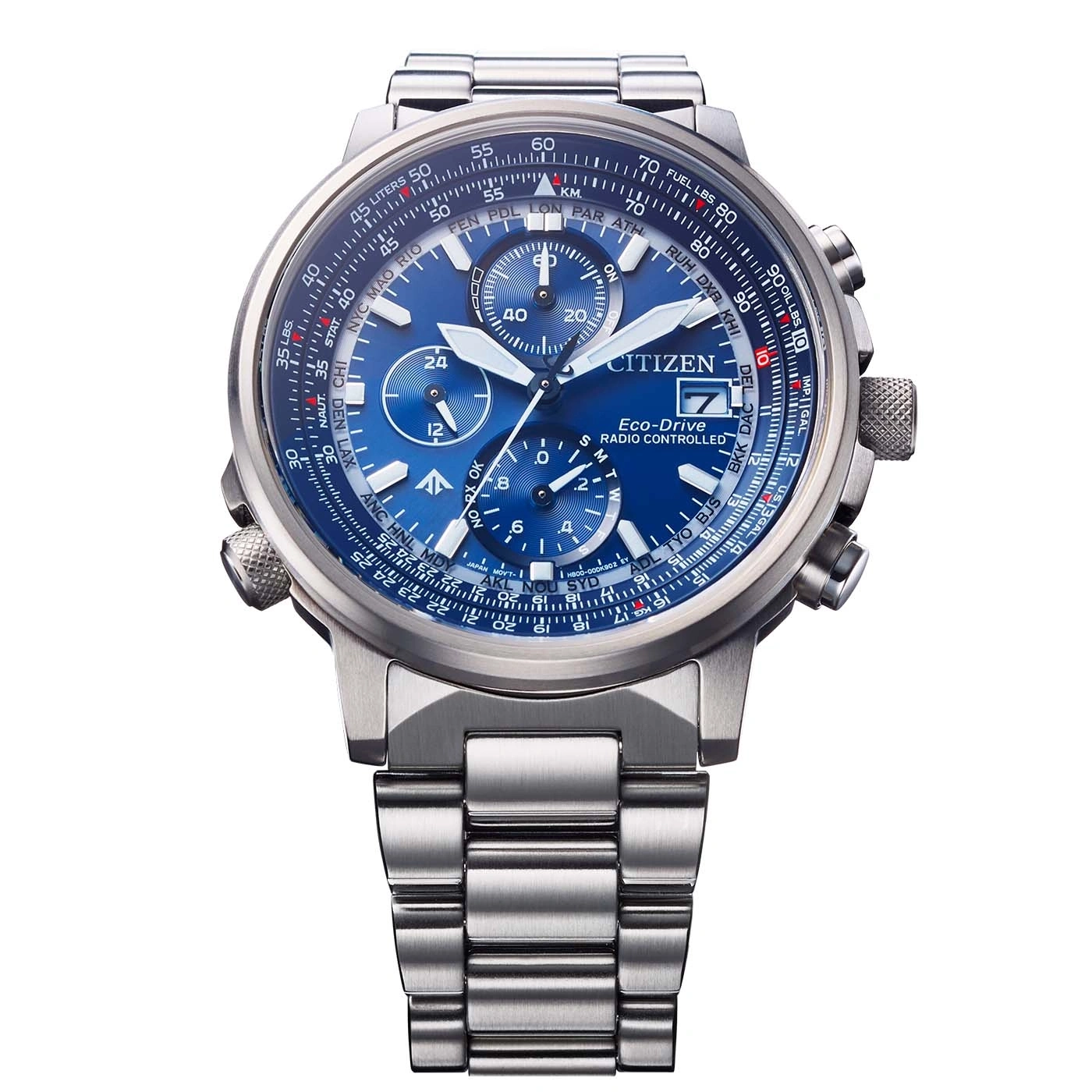 Citizen watch with blue face, silver band, and multiple dials for timekeeping and functions.