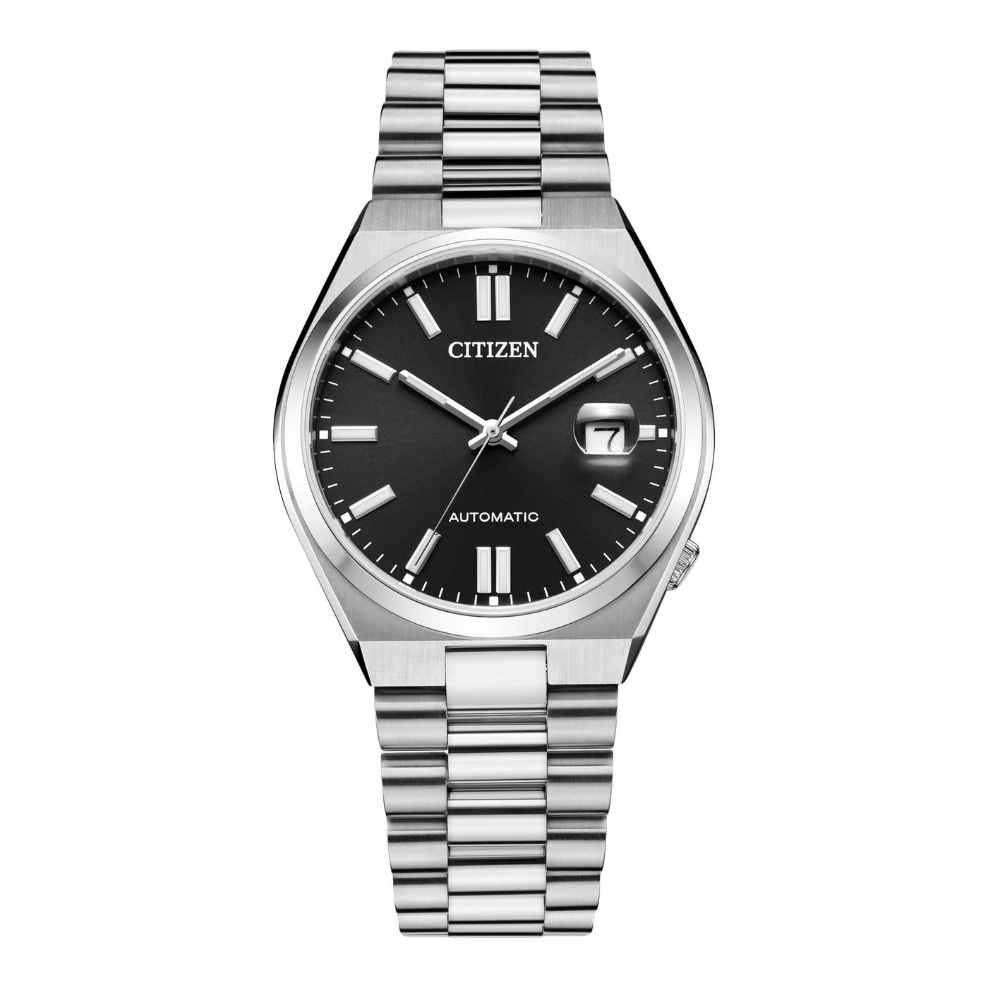 Citizen watch with a black dial and silver bracelet, automatic movement.