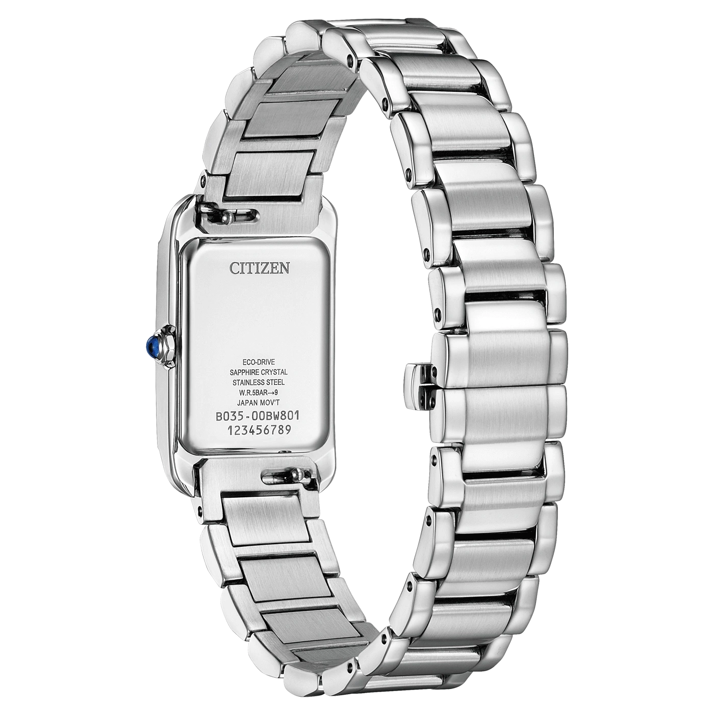 Citizen watch, stainless steel, sapphire crystal, Eco-Drive, rectangular design, elegant