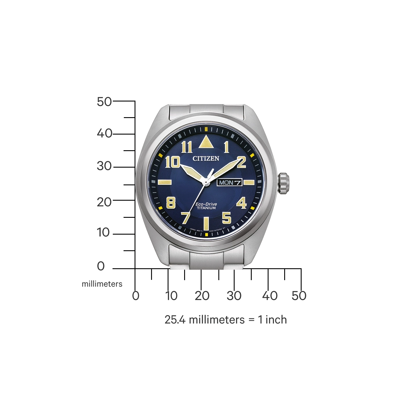 Citizen watch with blue face, titanium, Eco-Drive, and day display.