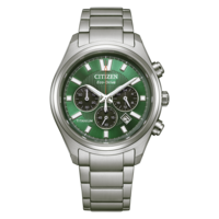 A Citizen Eco-Drive titanium watch with a green dial and silver band.