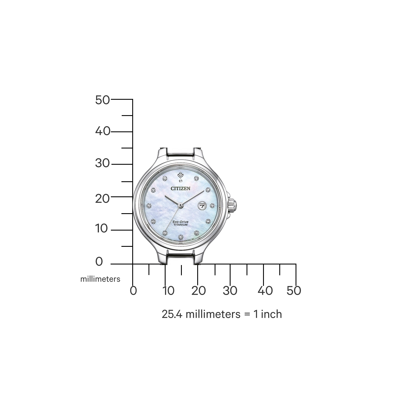 Citizen watch with a white face and diamond accents, Eco-Drive Titanium.