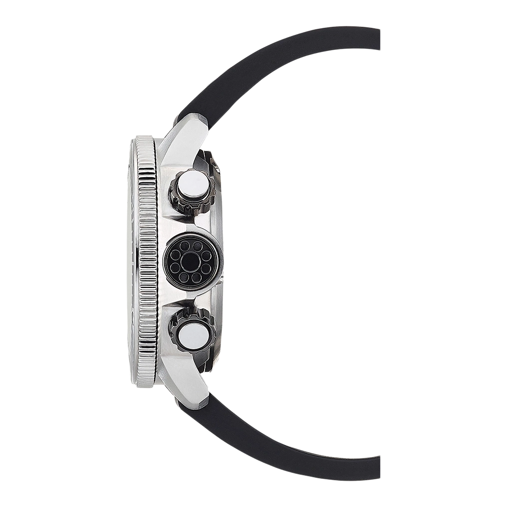 Side view of a silver watch with black band and buttons.