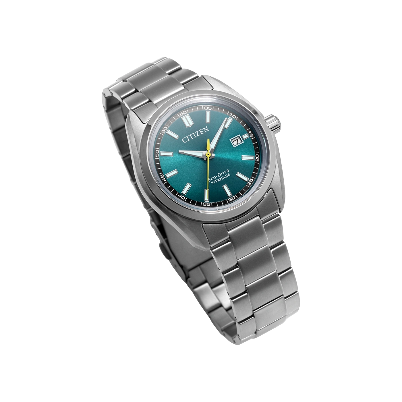 A modern Citizen Eco-Drive titanium watch with a teal dial and silver band, set against a white background.