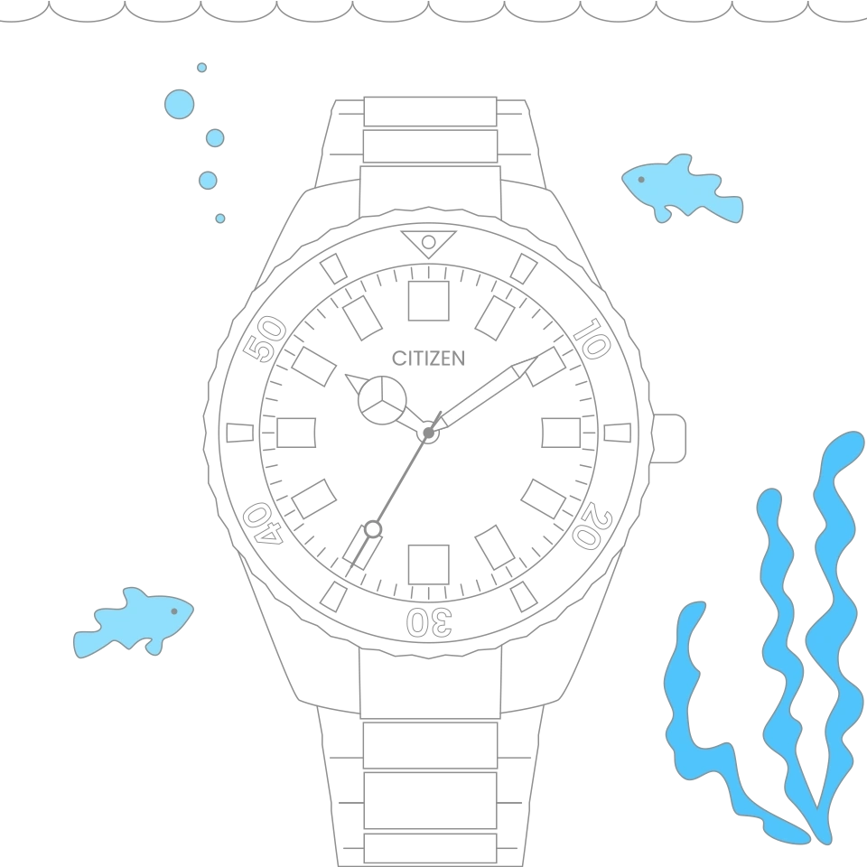 Citizen watch underwater with fish and seaweed, black background