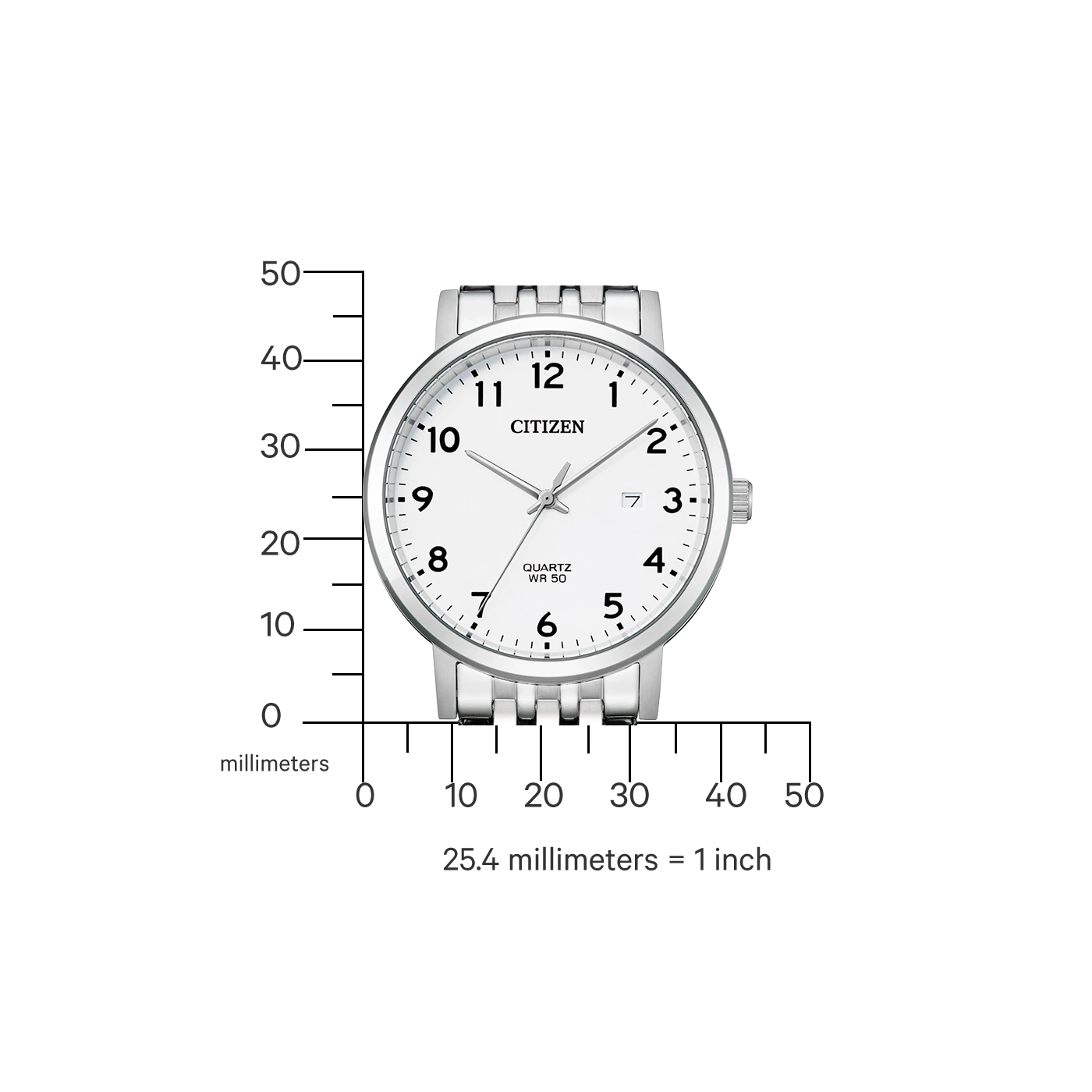 Citizen watch with white face, silver band, and millimeter scale for size comparison.