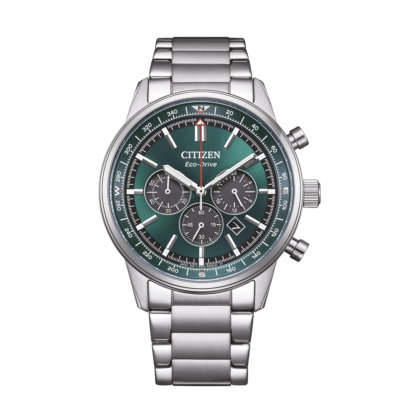 A green Citizen Eco-Drive chronograph watch with a stainless steel band.