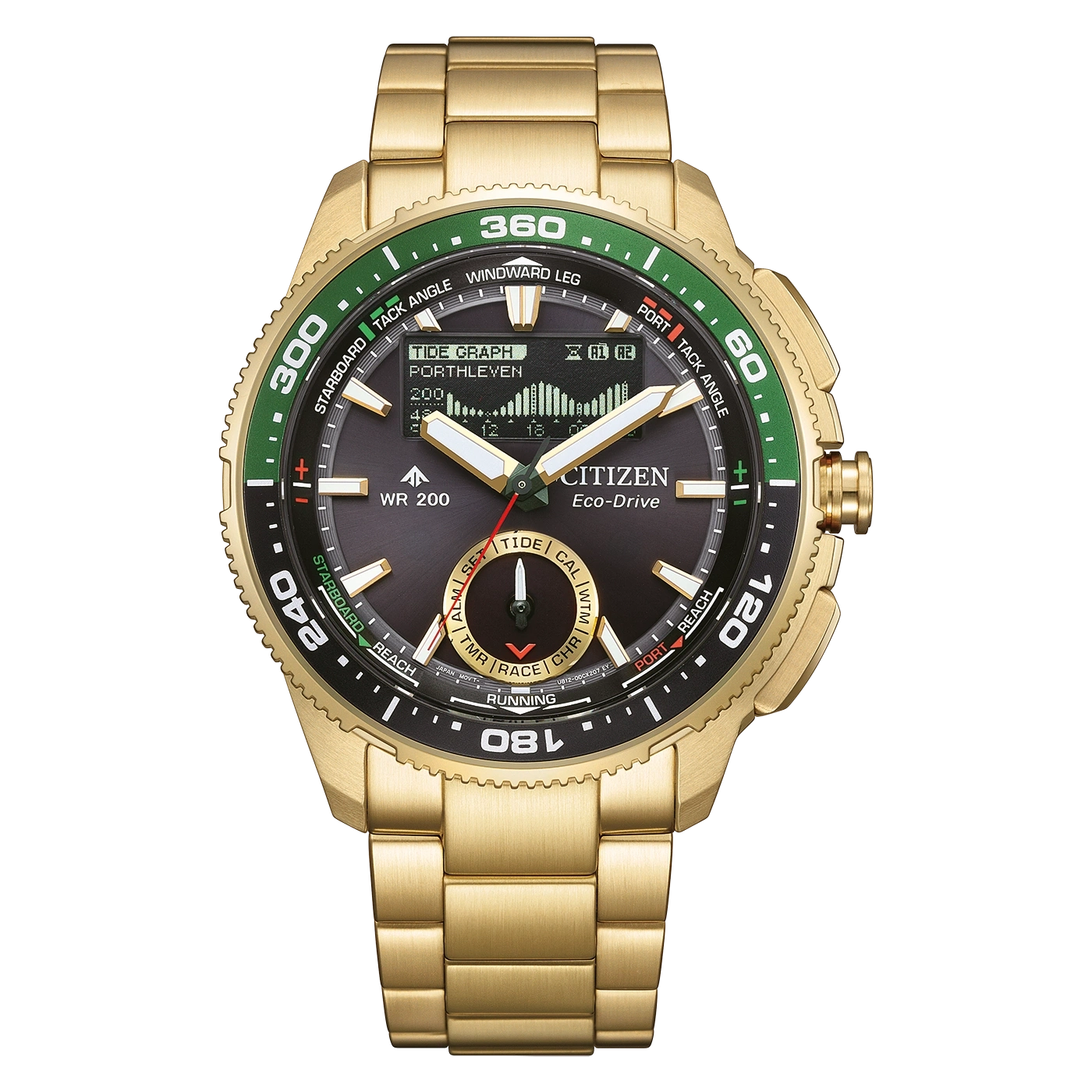 A gold Citizen Eco-Drive watch with a black dial and green accents.