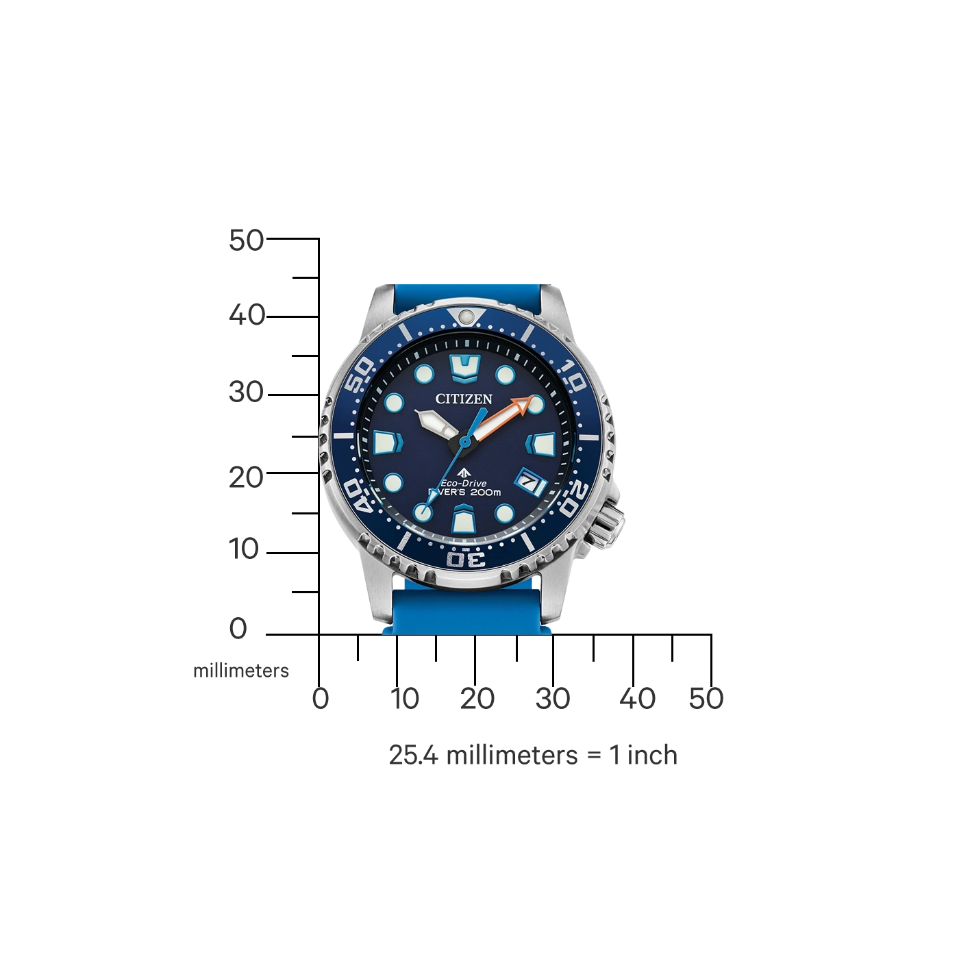 Citizen watch with blue strap and dial, measuring scale in millimeters.
