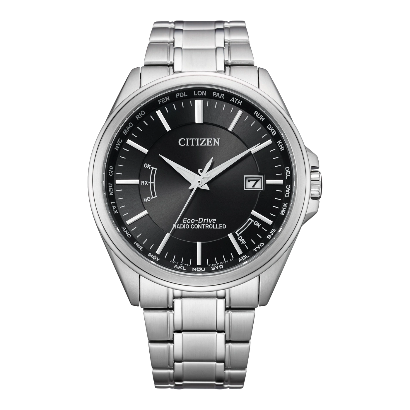 Citizen watch with black face, silver band, and time zone indicators.