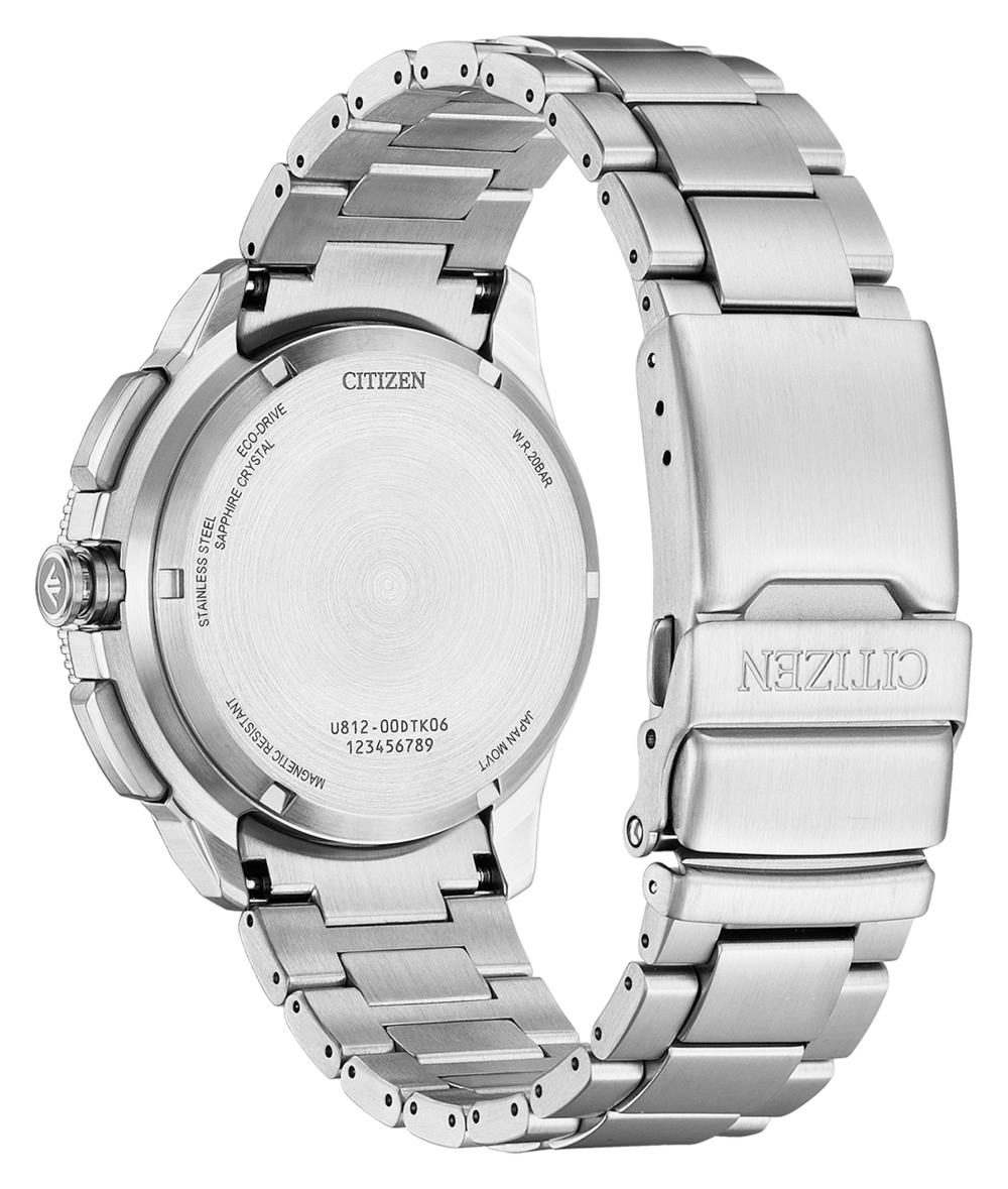 Back of a silver Citizen Eco-Drive watch