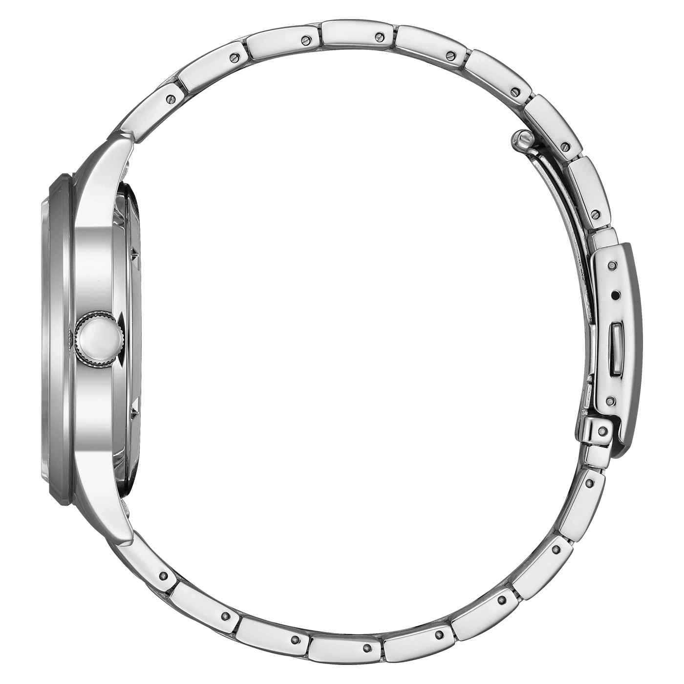Side view of a silver wristwatch with a metal band, elegant design.