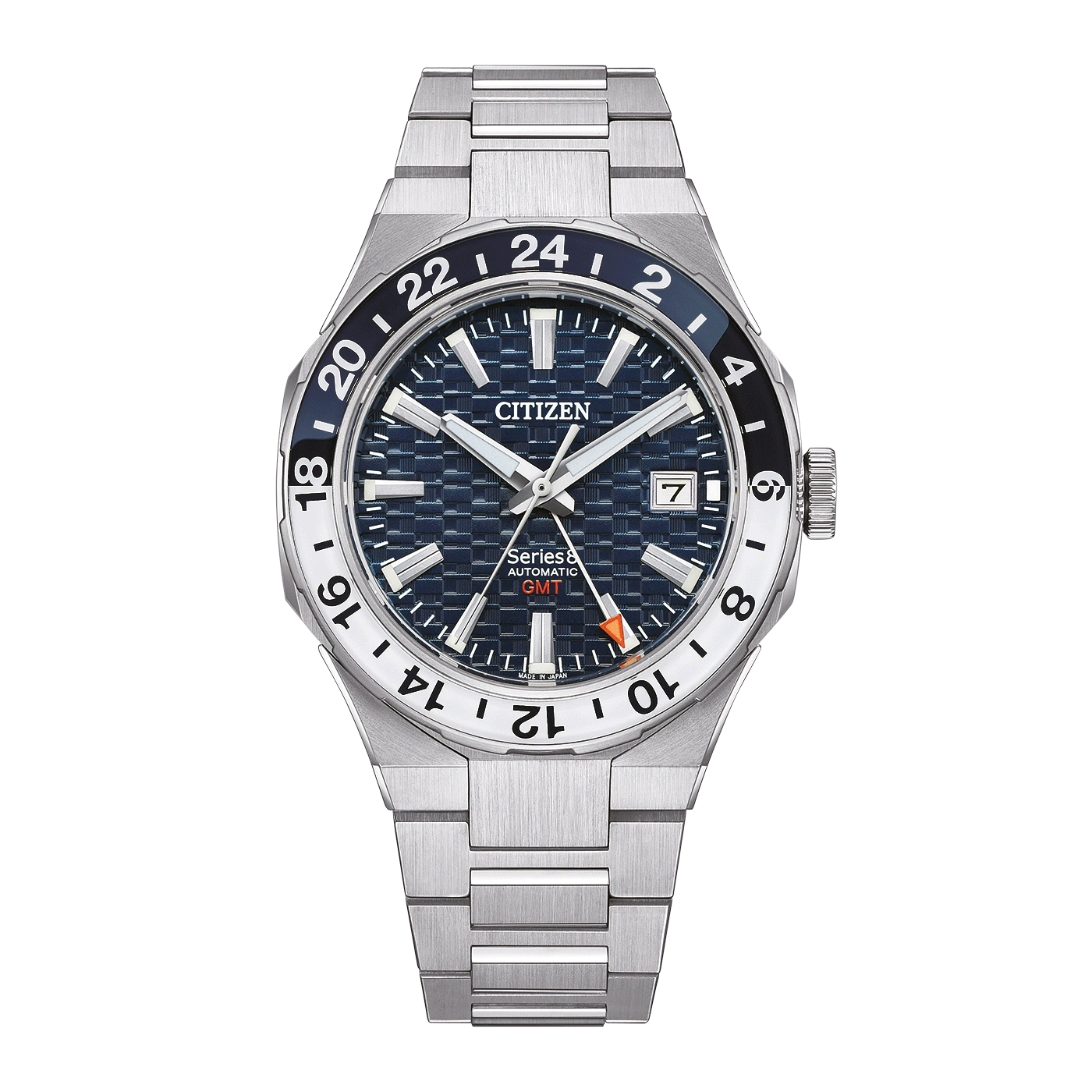 Citizen Series 8 GMT watch with a blue dial and stainless steel bracelet.
