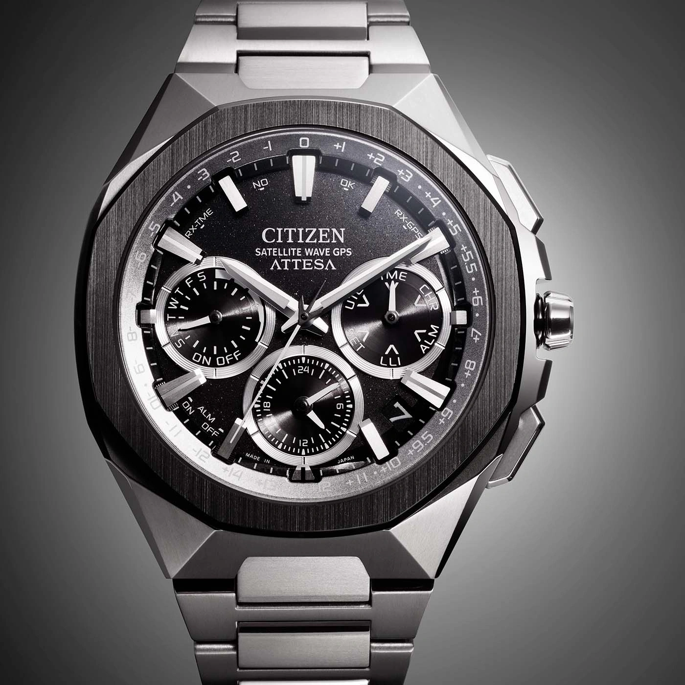 Citizen Attesa watch with black face, satellite wave GPS, and stainless steel bracelet.