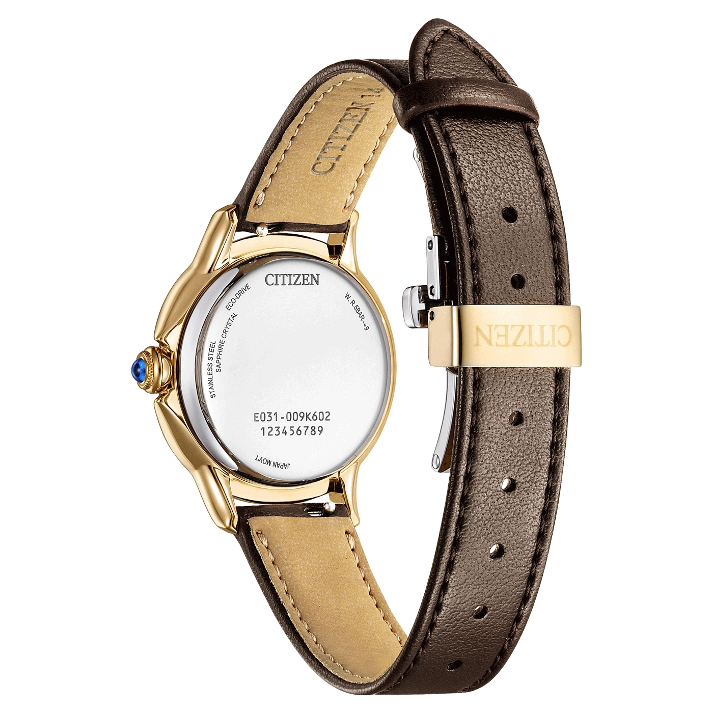 Citizen watch, gold case, brown leather strap, sapphire crystal, Eco-Drive, stainless steel.