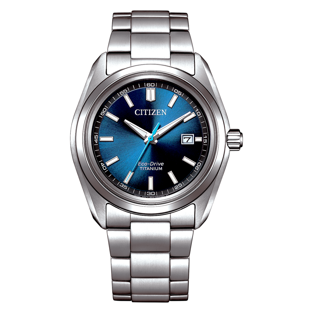 A Citizen Eco-Drive Titanium watch with a blue dial.