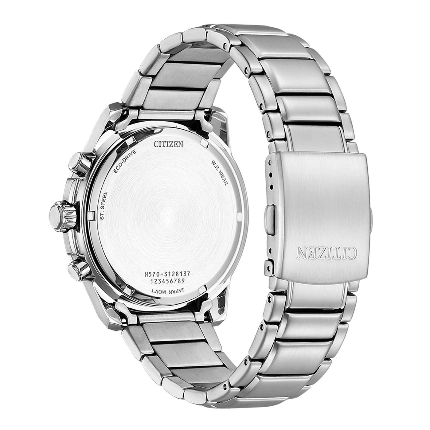 Citizen watch back, stainless steel, Eco-Drive, W.R. 10BAR, Japan Mov't.