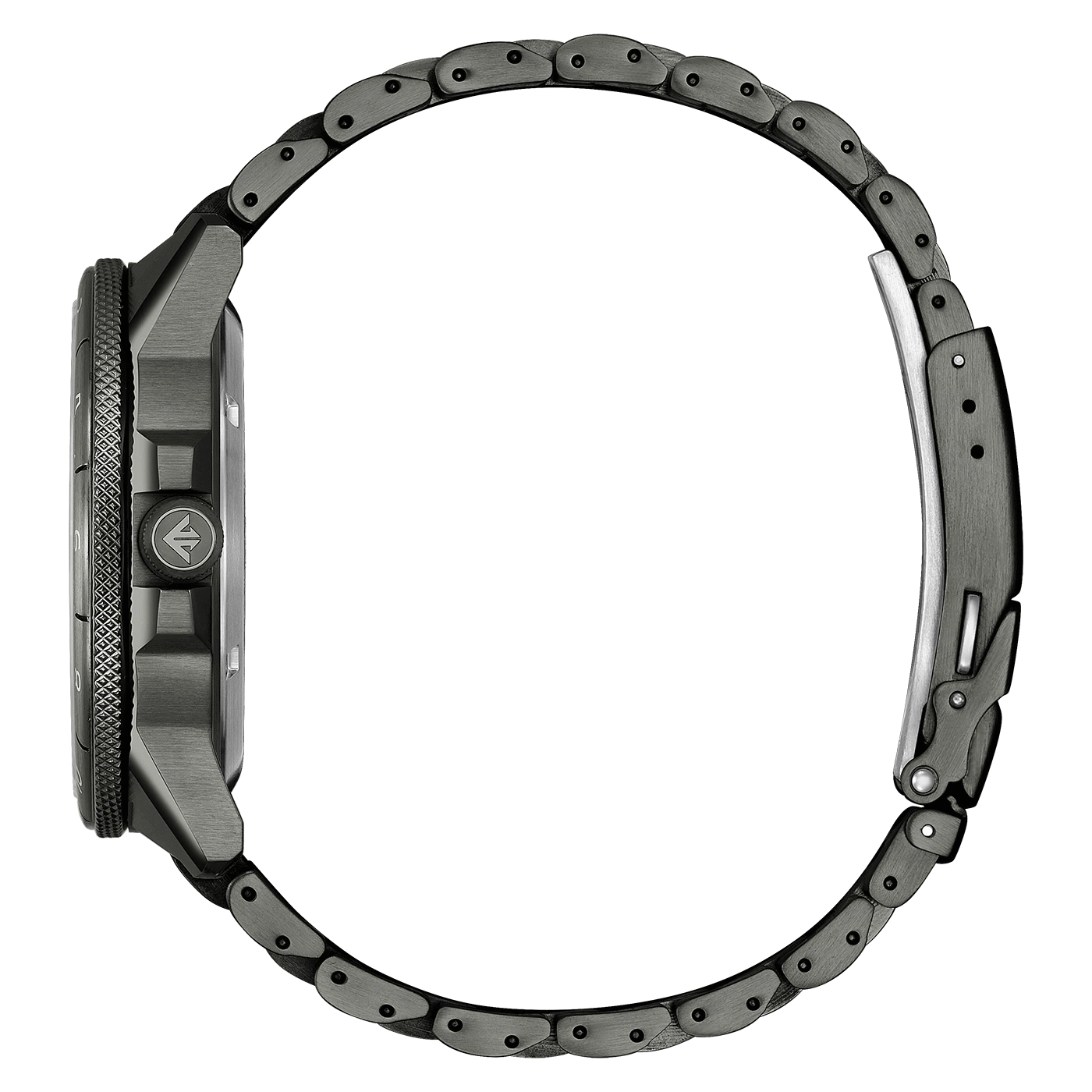 Side view of a dark gray watch with a metal band.