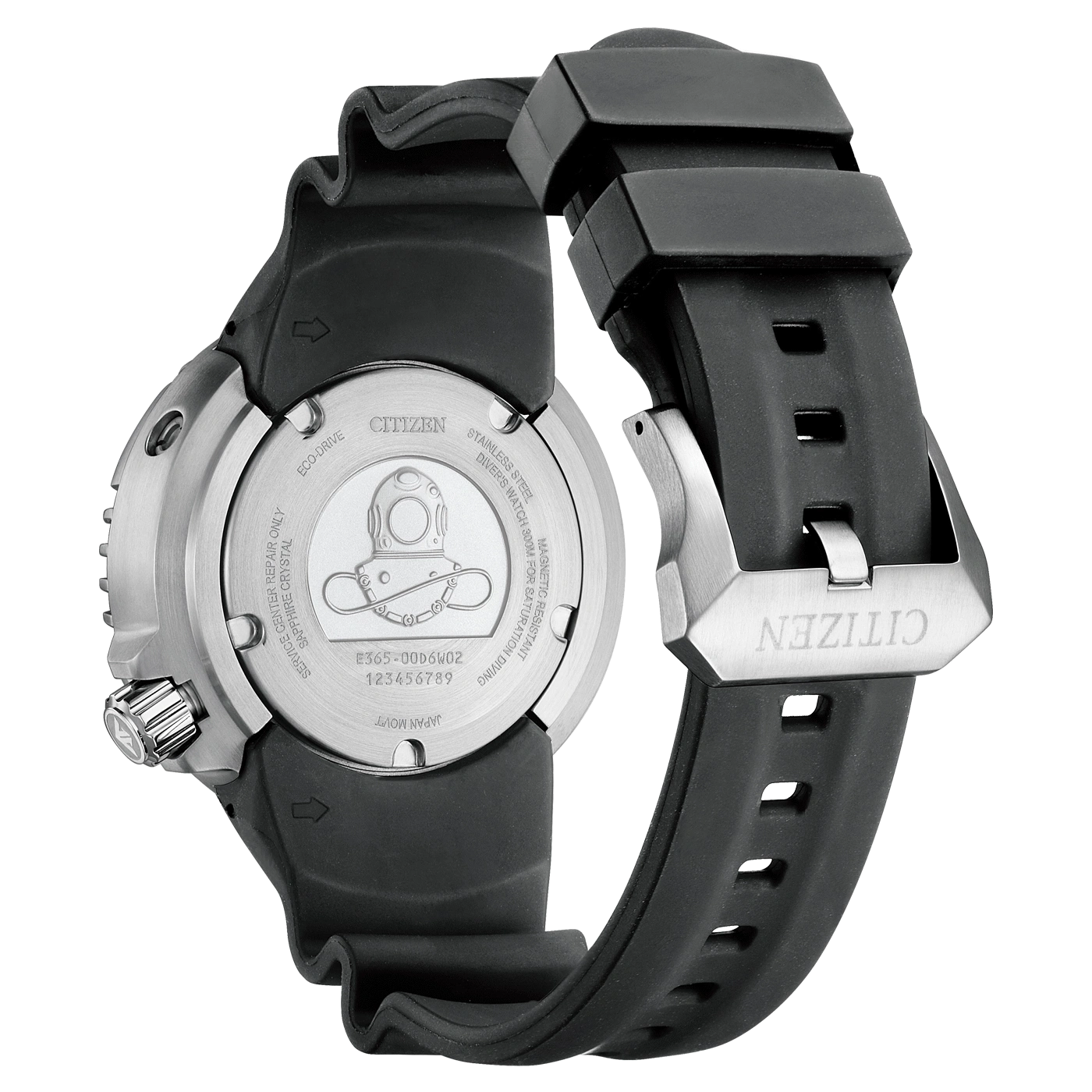 Citizen watch back, stainless steel, diver's watch, black strap, Eco-Drive, sapphire crystal