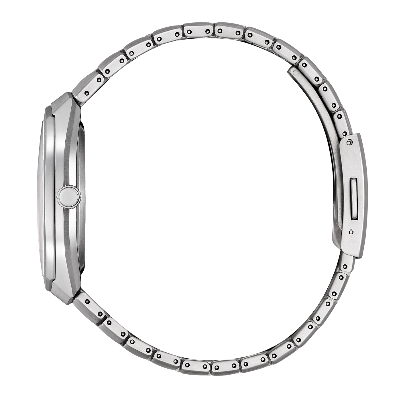 A side view of a silver watch with a metal band.