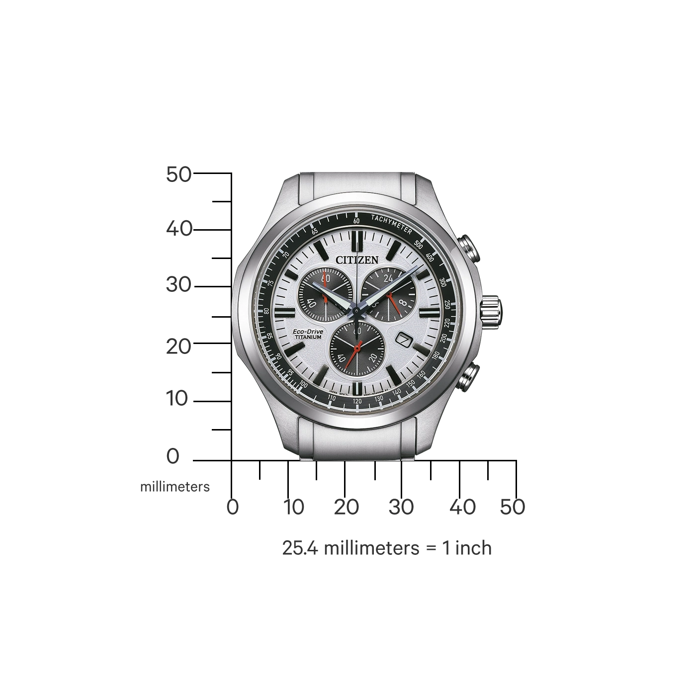 Citizen watch with tachymeter, Eco-Drive, and titanium features, measuring in millimeters.