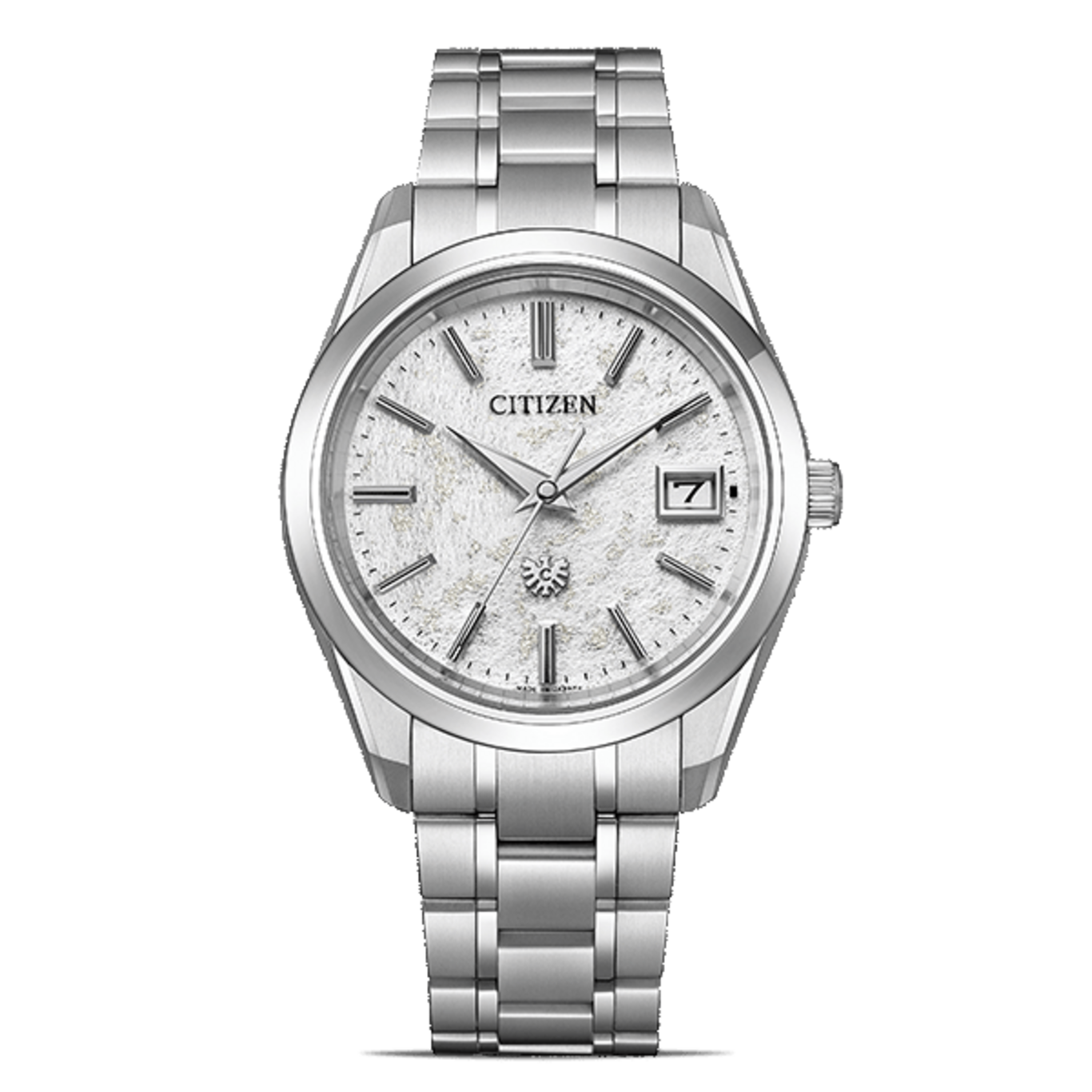 Citizen-Uhr mit silbernem Armband und weißem Zifferblatt, Datumsanzeige.