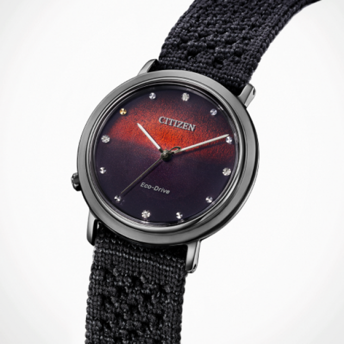 Citizen watch with a dark face and a textured strap.