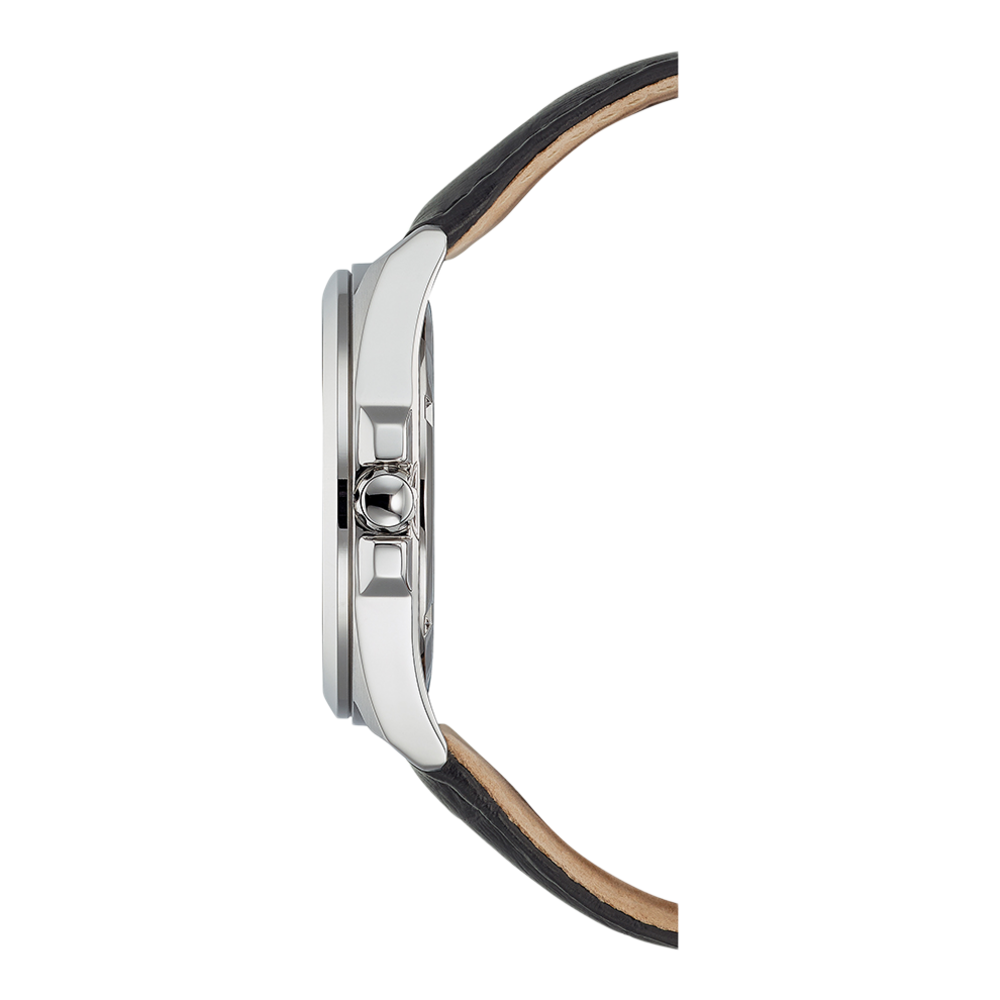 Side view of a silver watch with a black leather strap