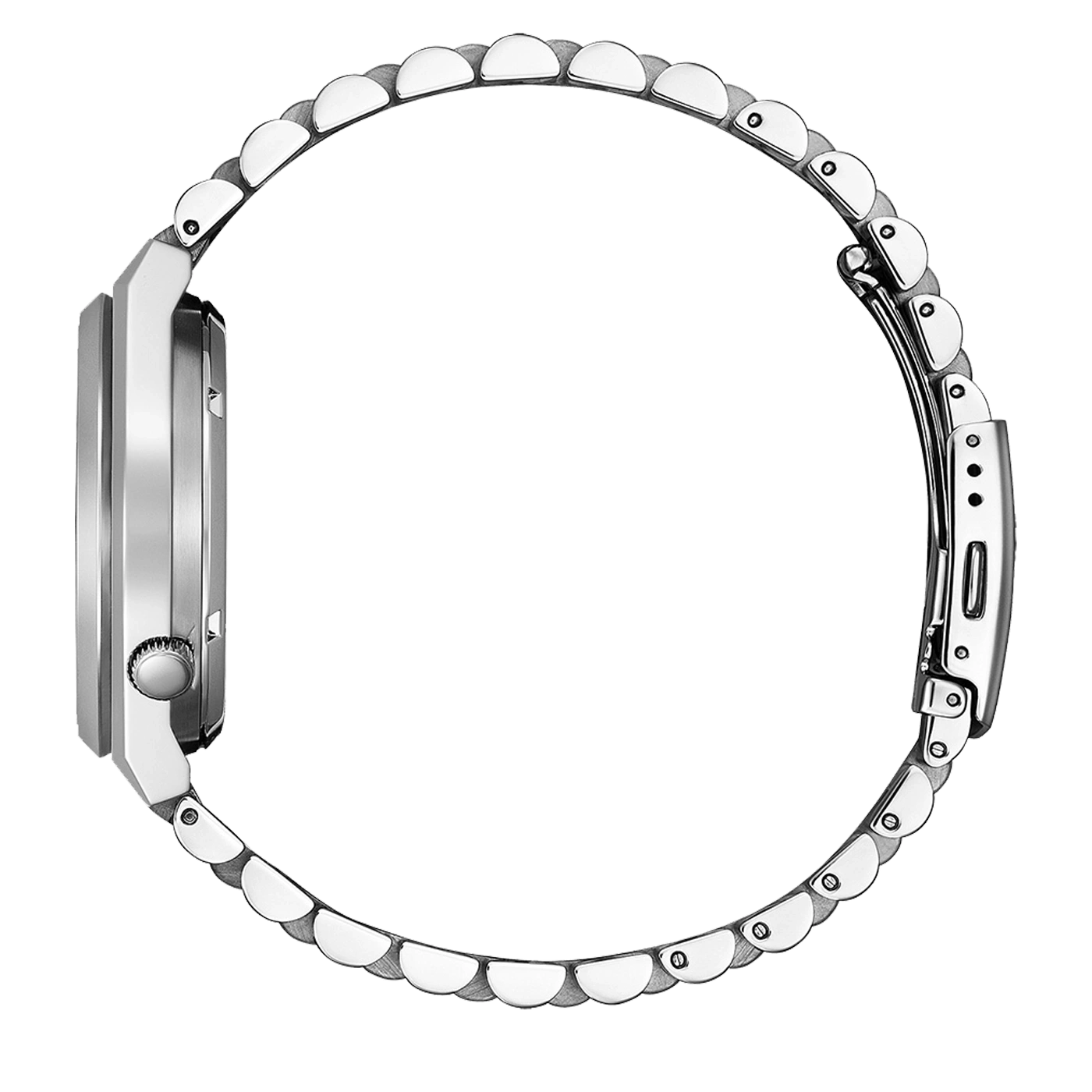 Side view of a silver wristwatch with a metal band and clasp.