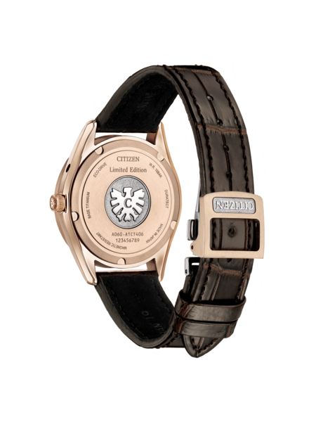 Citizen Uhr, Rückseite, Roségold, braunes Lederarmband, Limited Edition, Eco-Drive, Titan
