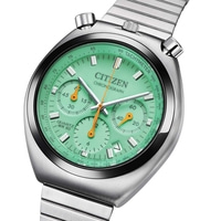 A close-up shot of a green Citizen chronograph watch with a metal band.
