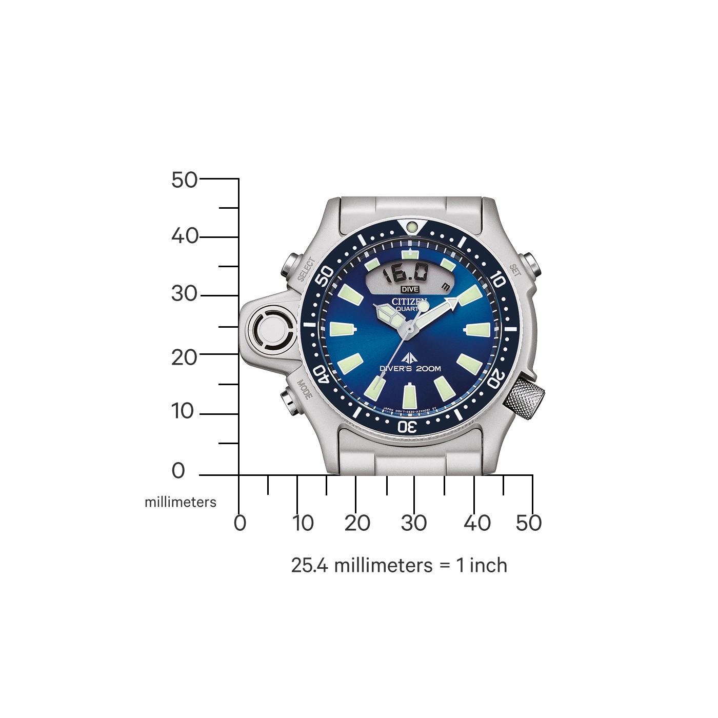 Citizen watch with digital display, showing depth and time, with a blue dial.