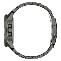 Side view of a dark gray watch with a metal band.