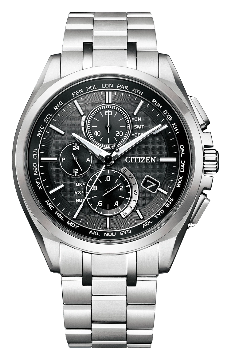 Citizen watch with a black dial, silver band, and multiple subdials.