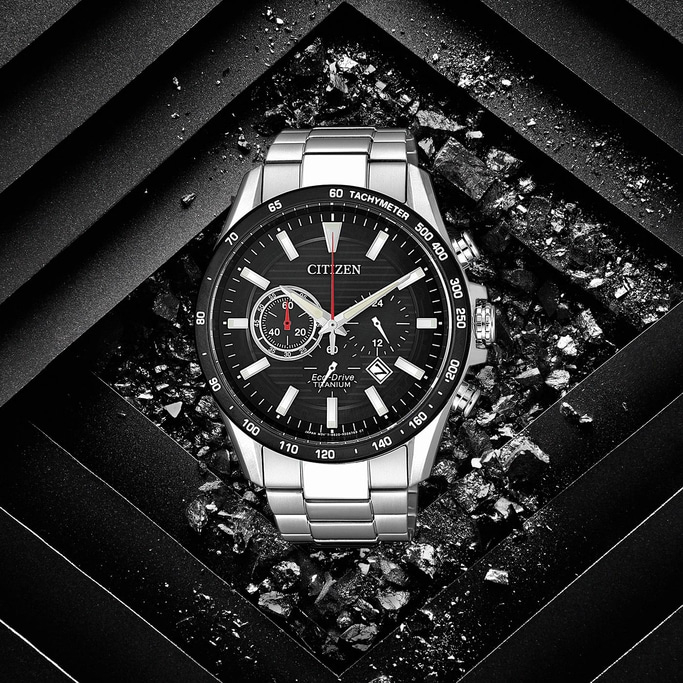Citizen watch with black face and silver band, Eco-Drive Titanium