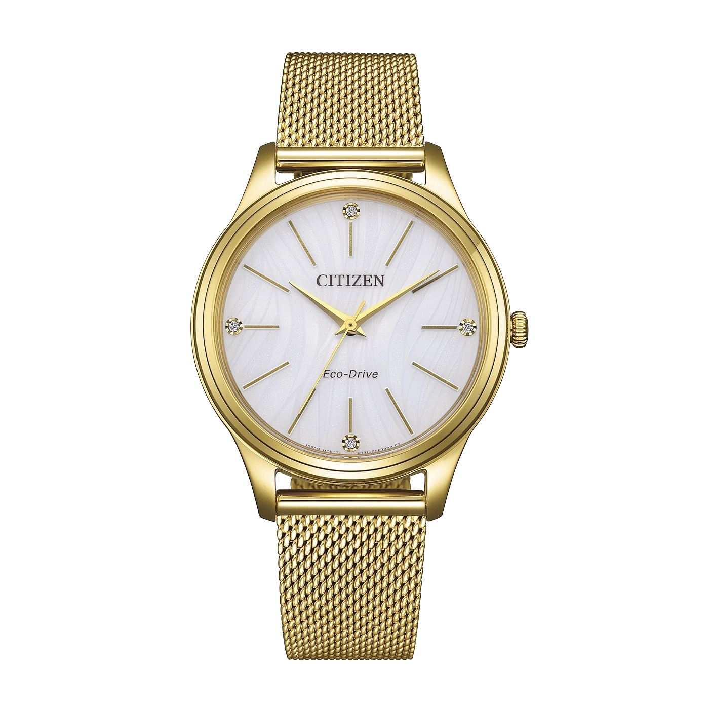 A gold Citizen Eco-Drive watch with a white dial and diamond markers.