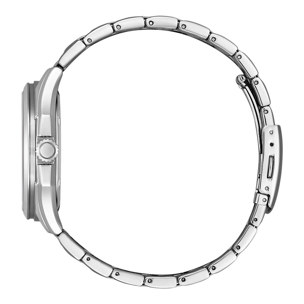 Side view of a silver wristwatch with a metal band, elegant design.