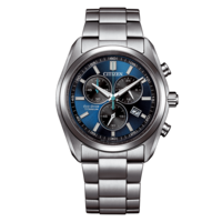 A metallic Citizen Eco-Drive watch with a blue dial.