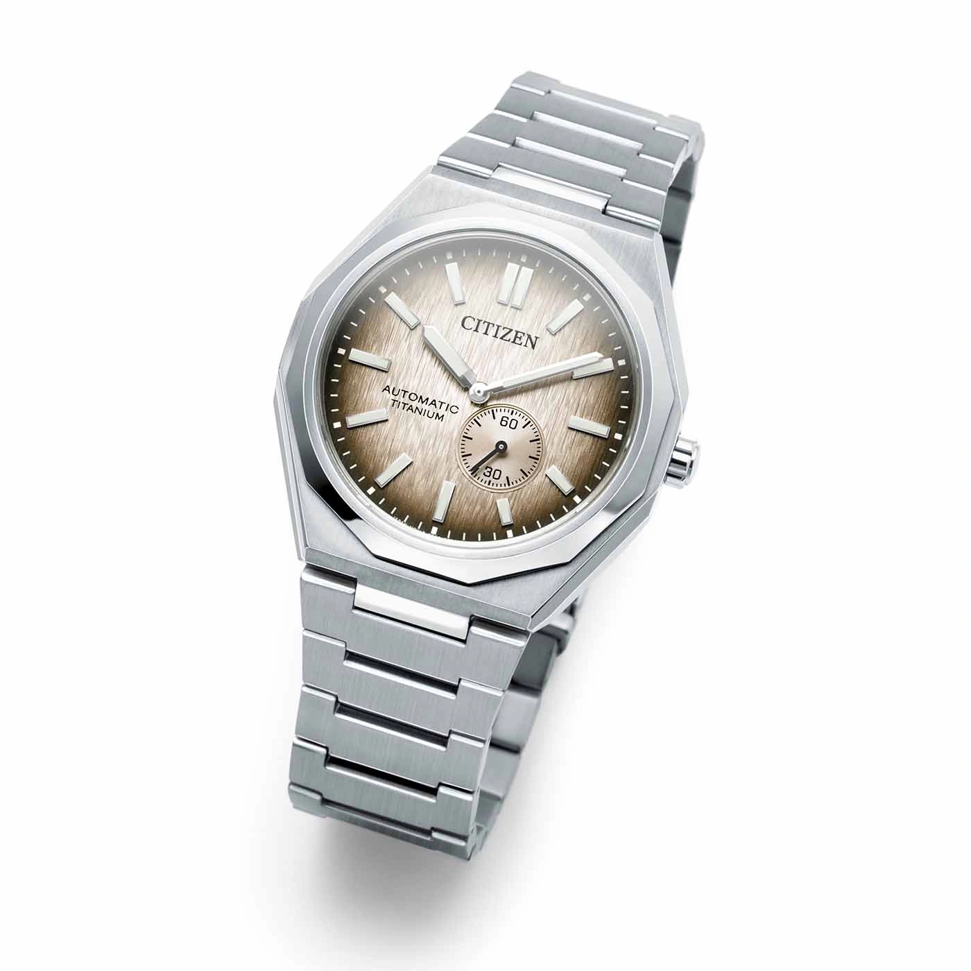 Citizen watch, automatic, titanium, silver bracelet, brown dial, elegant design, luxury