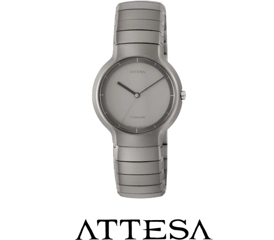 A silver Attesa watch with a titanium face and band.